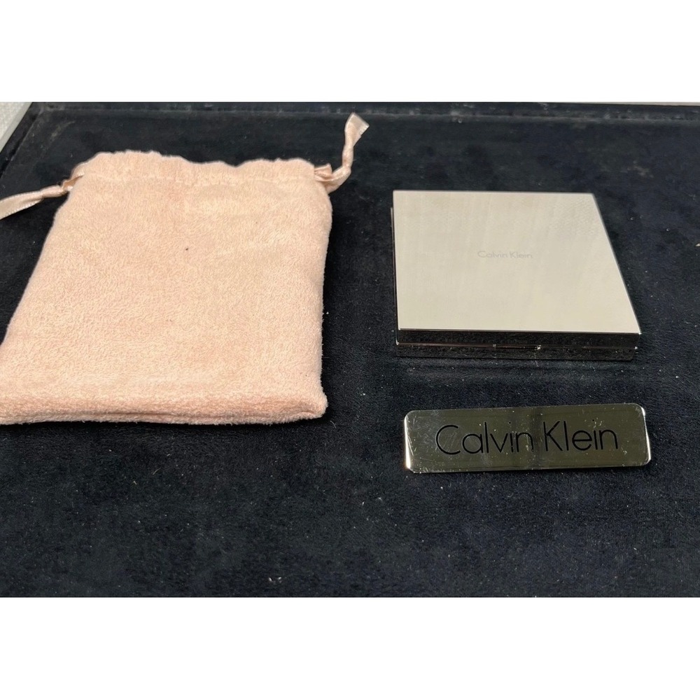 Calvin Klein Silver Tone Square Compact Mirror and Logo Bar Pin Set with Pouch